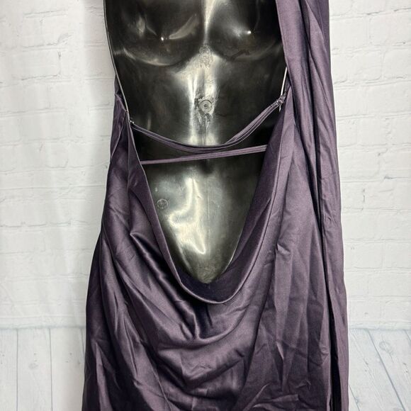 NEW House of CB purple satin draped open back mini dress size L+ - Picture 3 of 11